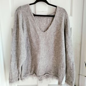 Free people reversible v neck grey fringe sweater